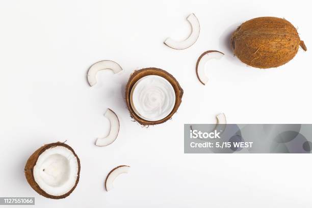 Coconut Cosmetic Products Top View Stock Photo - Download Image Now - Coconut, Coconut Palm Tree, White Background