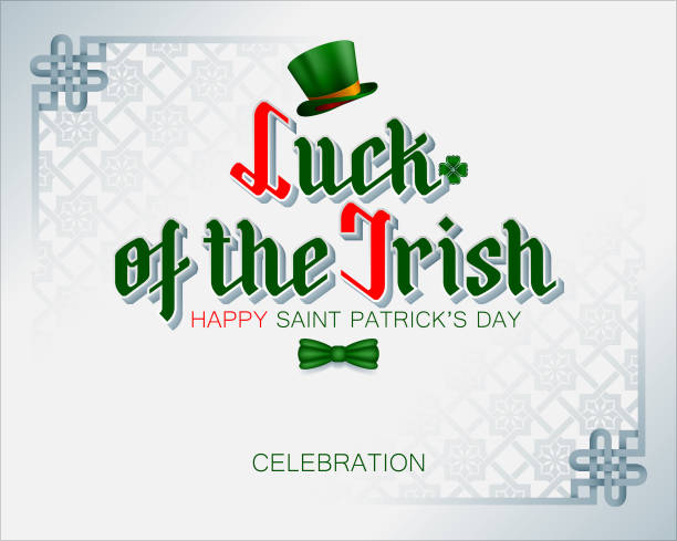 Saint Patrick's day, Republic of Ireland, national holiday Holiday design, background with 3d handwriting texts, Celtic knot, green top hat with orange ribbon and bow tie for St. Patrick's day celebration orange bow tie stock illustrations