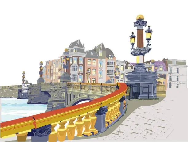 Vector illustration of The architectural background with dutch houses and an historic bridge in Amsterdam.