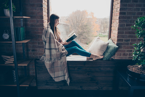 Profile full length body size photo portrait of charming lovely cute dream dreamy positive relaxed she her lady sitting on large window-sill holding book in hands