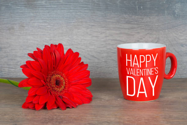 istock happy valentine's day, greetings with red gerbera flower and coffee cup 1127554169