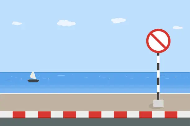 Vector illustration of No parking traffic sign board on sidewalk with sea background, vector illustration