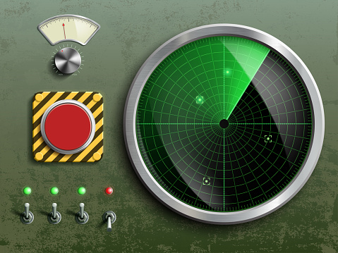 Military dashboard with radar, red button and switches. Vector illustration