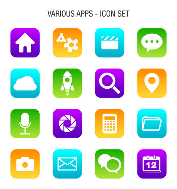 ilustraciones, imágenes clip art, dibujos animados e iconos de stock de conjunto de iconos de diferentes aplicaciones para móviles - aplicación para móviles fotos