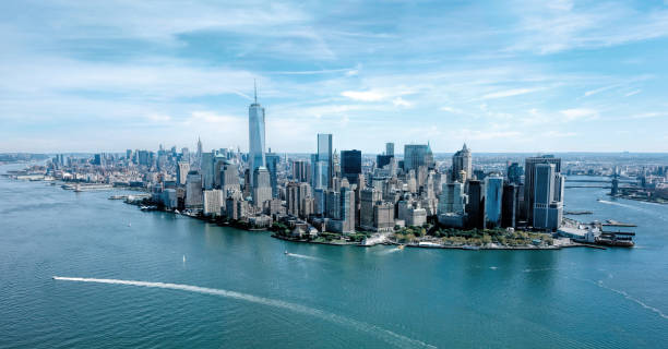 뉴욕의 항공 보기 - aerial view mid air looking at view cityscape 뉴스 사진 이미지