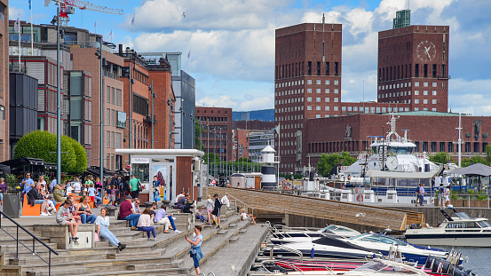 Wide angle View of Oslo City Hall and street scene in Oslo, Norway