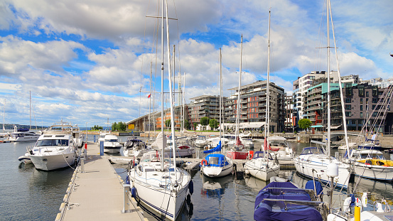 Wide angle view of Oslo City Hall and street scene travel around Oslo, Norway in summer time