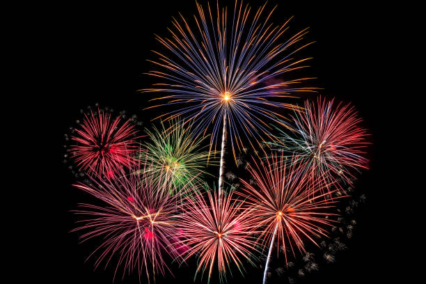 istock Colorful firework on the night sky. New Year celebration fireworks. Abstract firework isolated on black background with free space for text 1127565464