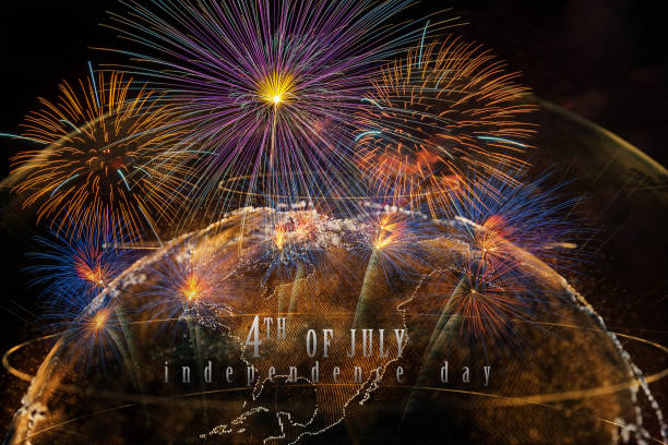 istock Independence day 4th july text over the Multicolor Firework Celebration over the Part of Abstract planet earth particle background 1127565470