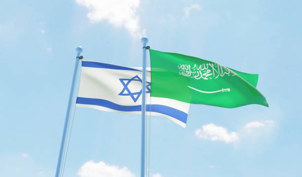 istock Saudi Arabia and Israel, two flags waving against blue sky 1127566084
