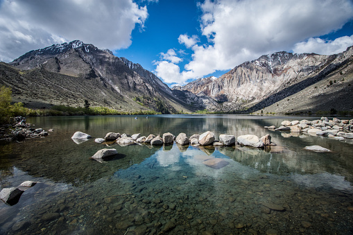 Convict Lake in the springtime, located off of US-395, near Mammoth Lakes California in the eastern Sierra Nevada mountains, Inyo National Forest.