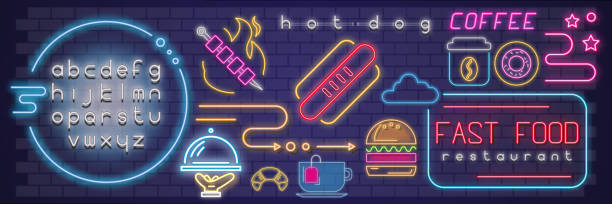 illustrazioni stock, clip art, cartoni animati e icone di tendenza di set icone fast food al neon - coffee donut old fashioned snack
