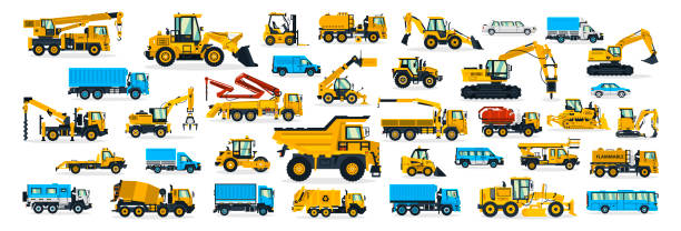 A large set of construction equipment, transportation for the construction site, cargo truck, bus, excavator, crane, tractor. Machines for building services. Shipping by cars. Vector illustration A large set of construction equipment, transportation for the construction site, cargo truck, bus, excavator, crane, tractor. Machines for building services. Shipping by cars. Vector illustration. construction vehicle stock illustrations