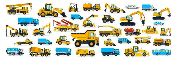 Vector illustration of A large set of construction equipment, transportation for the construction site, cargo truck, bus, excavator, crane, tractor. Machines for building services. Shipping by cars. Vector illustration