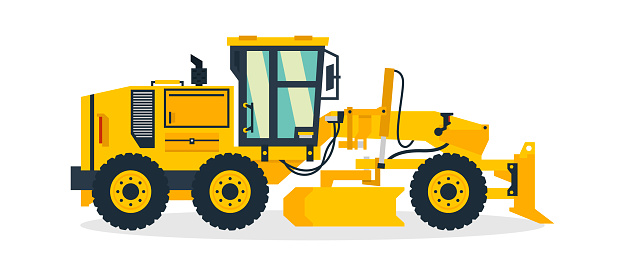 Motor grader, commercial vehicles, construction equipment. Vector illustration.