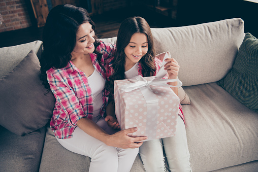 Above high angle portrait of two nice cute winsome attractive lovely adorable cheerful cheery people wearing checked shirts opening large bow ribbon box sitting on divan indoors