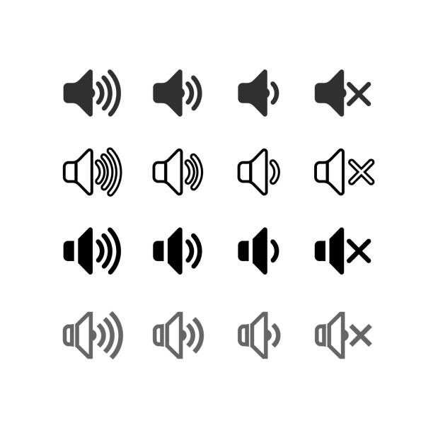 증가 하 고 소리를 감소 하는 아이콘의 집합입니다. 음소거를 보여주는 아이콘입니다. 평면 디자인에 다른 신호 수준의 사운드 아이콘. 벡터 일러스트입니다. 흰색 배경에 고립. - wind instrument audio stock illustrations