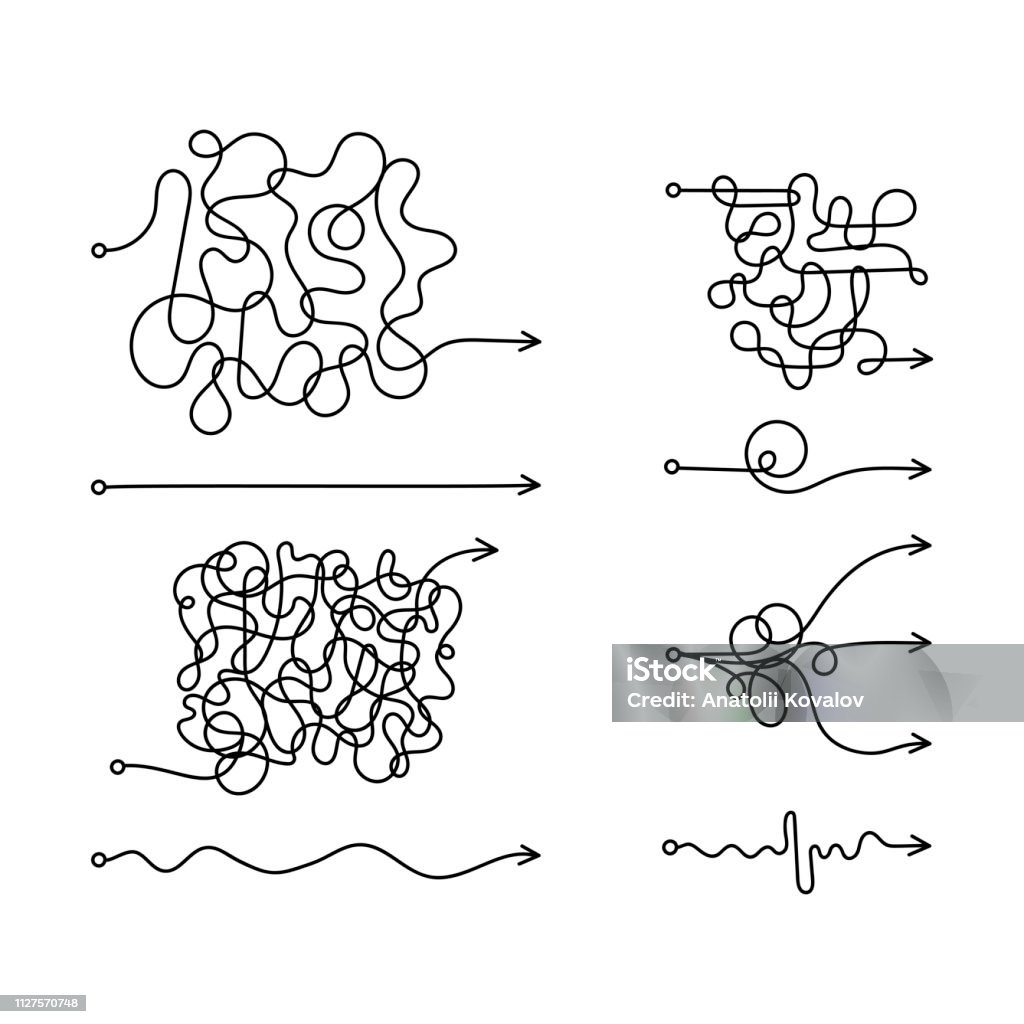 Set di linea disordinata come il modo duro e semplice. Lineare piatta. Elemento palla di progettazione casuale di quiz grafico artistico. Concetto di percorso vero e falso o idea di strada o mente dritta e tortuosa. Illustrazione vettoriale. - arte vettoriale royalty-free di In fila