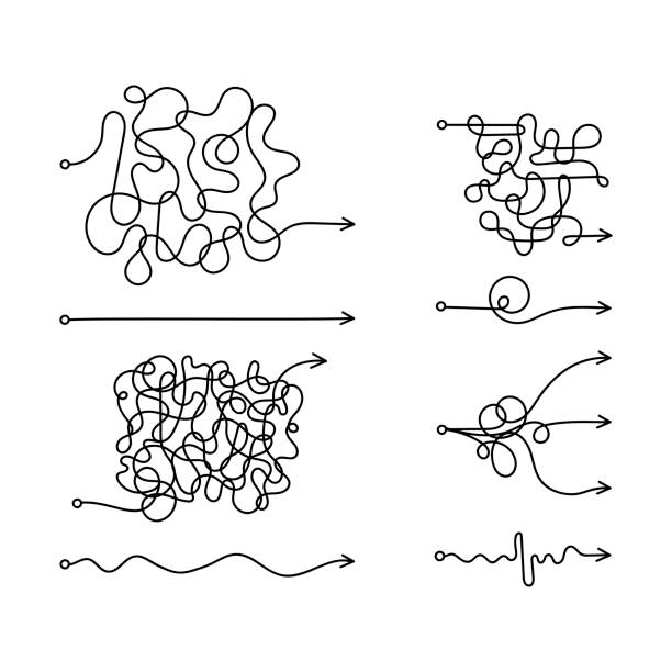 ハードかつ簡単な方法のような乱雑なラインのセット。フラットは線形。アート ランダム クイズのグラフィック デザイン ボール要素。真と偽のパスまたはストレートと曲がりくねった道路 - もつれる点のイラスト素材／クリップアート素材／マンガ素材／アイコン素材