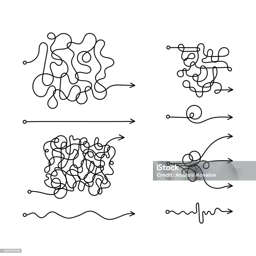 Set of messy line like hard and easy way. Flat linear. Art graphic random quiz design ball element. Concept of true and false path or straight and winding road or mind idea. Vector illustration. In A Row stock vector