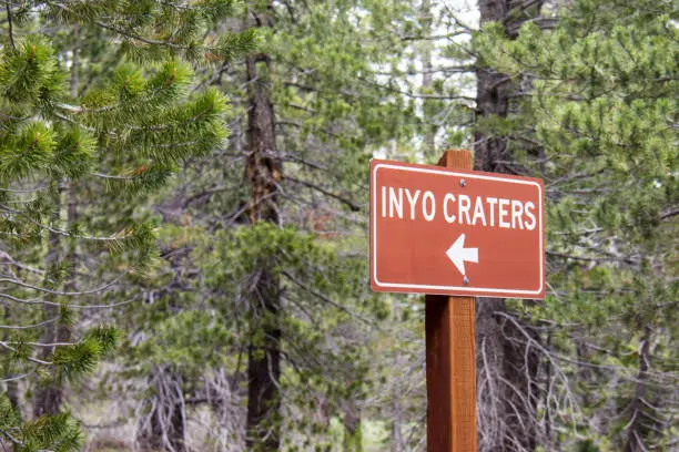 Sign for the Inyo Craters trailhead in the Inyo National Forest in Mammoth Lakes California