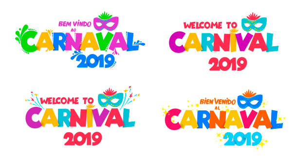 ilustrații de stoc cu set de bine ați venit la carnavalul 2019. logo-ul carnavalului scris de mână cu măști. petrecere, carte de afiș mascată, invitație. sărbătoarea decora. ilustrație vectorială. izolat pe fond alb. - perie pentru animale