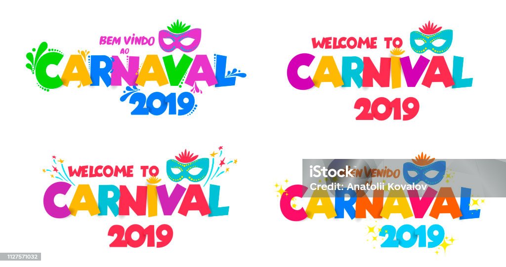 Set of Welcome to Carnival 2019. Handwritten Carnival logo with masks. Party, masquerade poster card, invitation. Celebration decorate. Vector illustration. Isolated on white background. Carnival - Celebration Event stock vector