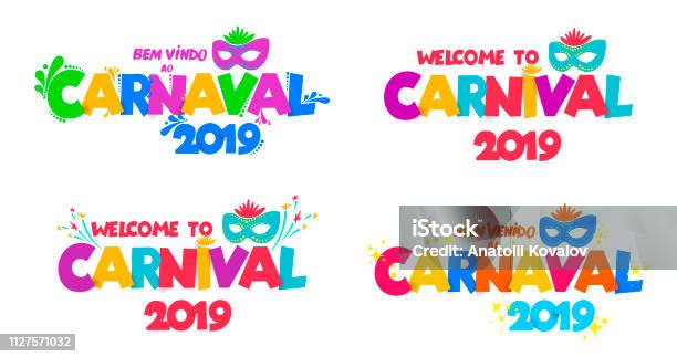 Set Of Welcome To Carnival 2019 Handwritten Carnival Logo With Masks Party Masquerade Poster Card Invitation Celebration Decorate Vector Illustration Isolated On White Background Stock Illustration - Download Image Now