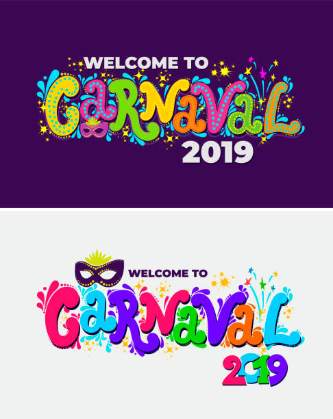 ilustrații de stoc cu set de bine ați venit la carnavalul 2019. logo-ul carnavalului scris de mână cu măști. petrecere, carte de afiș mascată, invitație. sărbătoarea decora. ilustrație vectorială. izolat pe fundal colorat. - perie pentru animale