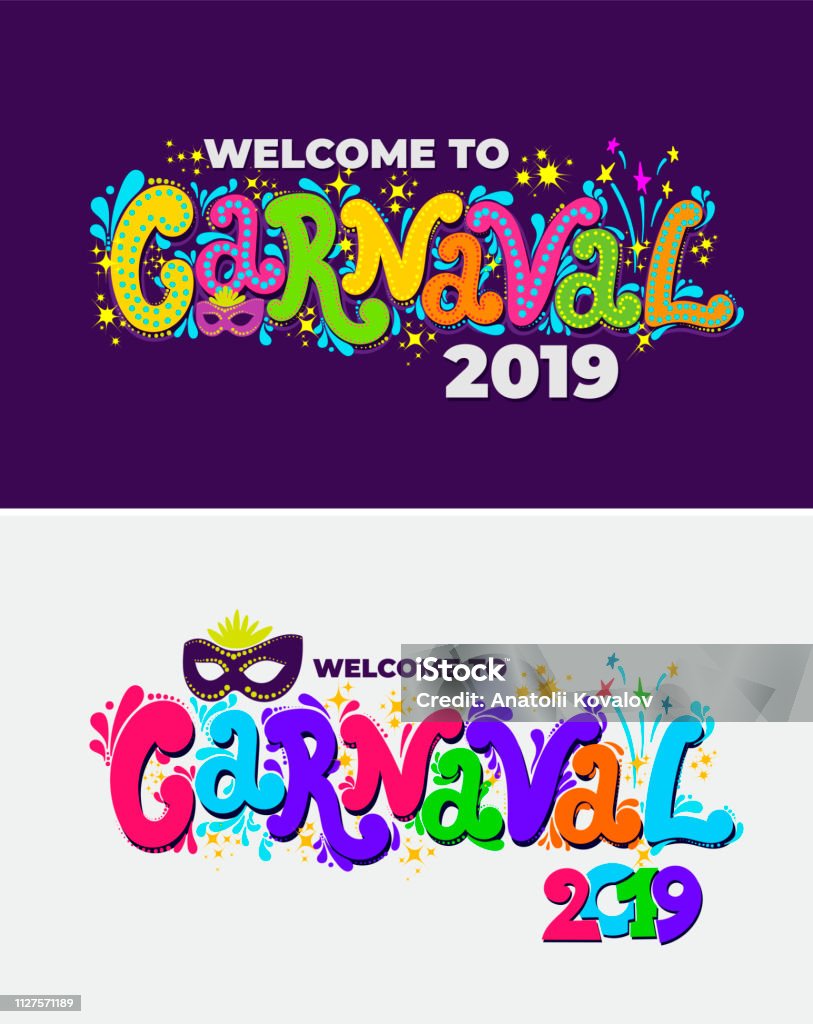 Set of Welcome to Carnival 2019. Handwritten Carnival logo with masks. Party, masquerade poster card, invitation. Celebration decorate. Vector illustration. Isolated on colorful background. Carnival - Celebration Event stock vector