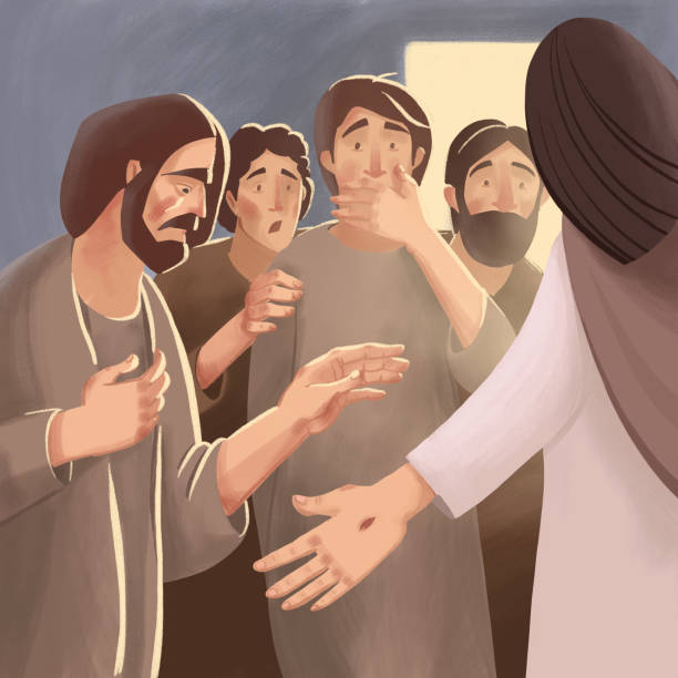 ilustrações, clipart, desenhos animados e ícones de ilustração da bíblia sobre a ressurreição de jesus cristo e a aparência de discípulos e apóstolos. discípulos de espanto quando viram jesus ressuscitado - aparência