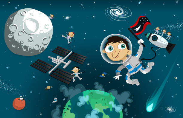 ilustrações de stock, clip art, desenhos animados e ícones de science and space exploration for kids - rocket earth planetary moon sky