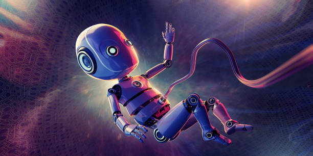 A conceptual image of a robotic baby embryo with umbilical cord attached, floating in a cyber womb. The cyborg infant is holding up one hand and looking towards a light, and sitting in a foetal position. With light bloom and lens blur effects.