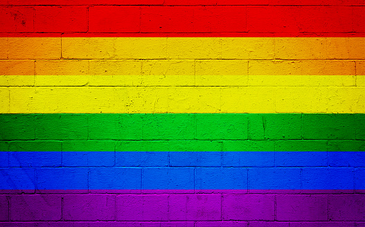 Gay Flag painted on a brick wall.