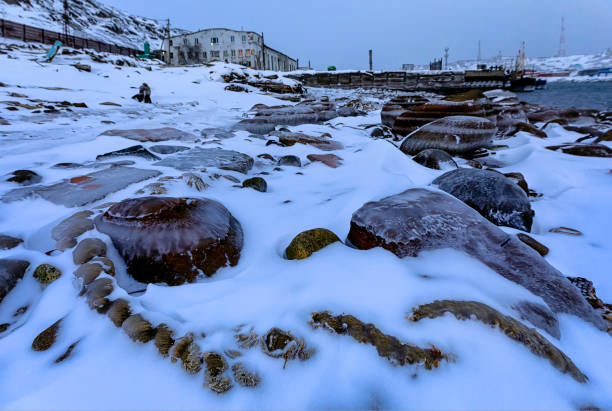 winter landscape. Main focus on big stones and sea rope.
