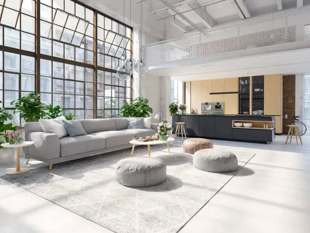 Photo of 3D-Illustration of a new modern city loft apartment.