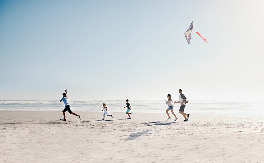 Shot of a happy young family of five flying a kite together on the beach