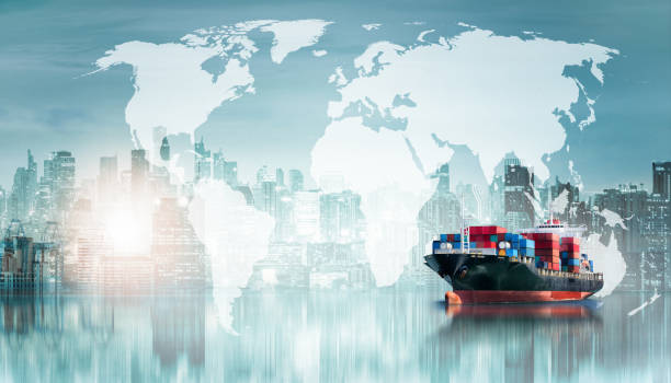 negocios importación exportación fondo y contenedor de carga carga barco transporte concepto de logística - commercial dock global finance container harbor fotografías e imágenes de stock