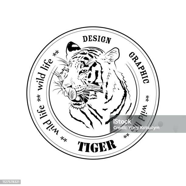 Badge Head Of Tiger Licking Stock Illustration - Download Image Now - Animal, Animal Body Part, Animal Head