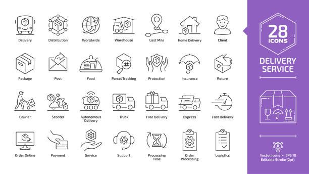 Delivery service editable stroke outline icon set with fast express package shipping, quick courier, cargo truck and van speed transport, parcel warehouse and food export silhouette line sign. Delivery service editable stroke outline icon set with fast express package shipping, quick courier, cargo truck and van speed transport, parcel warehouse and food export silhouette line sign. warehouse icons stock illustrations