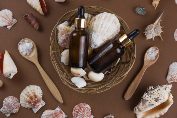 istock cosmetic oil bottle on brown background with shells pattern 1127580769