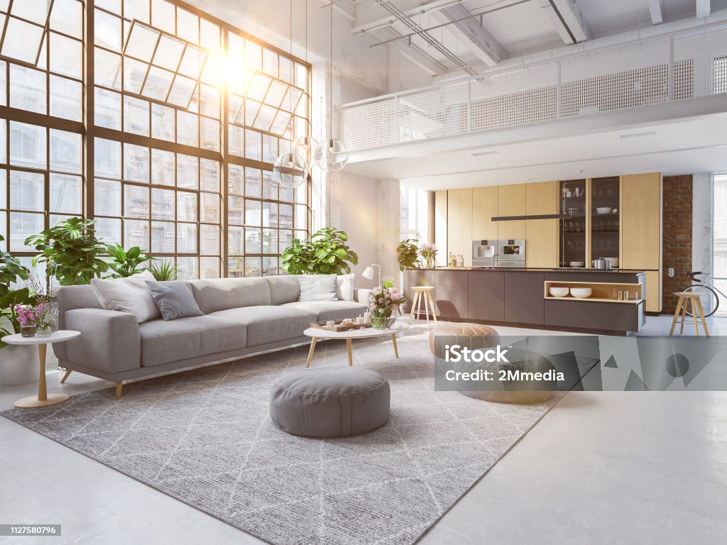 3D-Illustration of a new modern city loft apartment. 3D-Illustration. loft apartment with living room and kitchen. Apartment Stock Photo