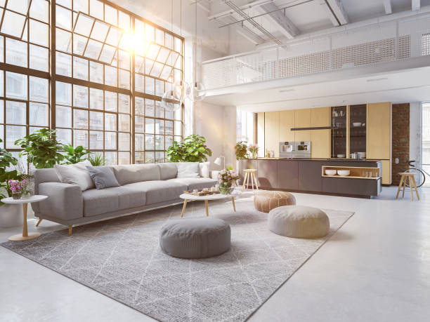 3d-иллюстрация новой современной городской лофт-квартиры. - loft apartment house contemporary indoors стоковые фото и изображения
