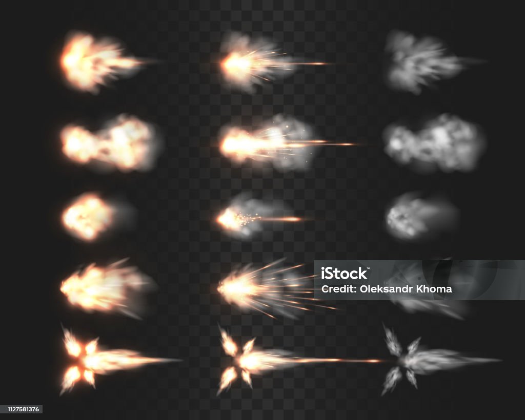 Firearm muzzle flash special effects isolated on transparency grid Firearm muzzle flash special effects isolated on transparency grid, various smoke cloud after gun being fired a realistic vector illustrations, rifle, shotgun, pistol or handgun shot flash collection Shooting a Weapon stock vector