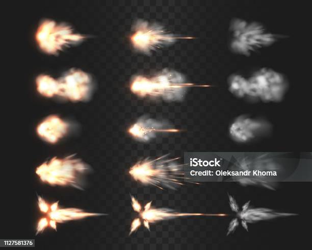 Firearm Muzzle Flash Special Effects Isolated On Transparency Grid Stock Illustration - Download Image Now