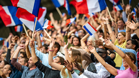 Crowds of French supporters waving their flags on a stadium.
