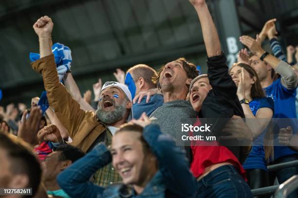 Opgewonden Vrienden Vieren Van Succes Van Hun Team Stockfoto en meer beelden van Fan - Fan, Stadion, Sport