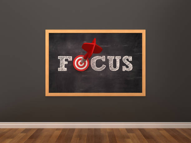 istock Chalkboard with FOCUS Word with Target and Dart in Room - 3D Rendering 1127585740