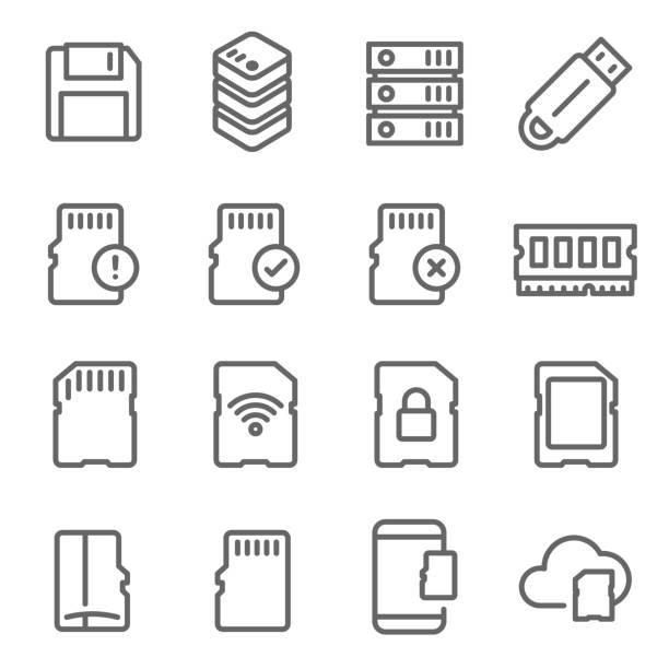 메모리 카드 벡터 선 아이콘 세트입니다. 엄지 드라이브, wifi sd 카드, 데이터베이스, ram, 클라우드 등으로 같은 아이콘을 포함 되어 있습니다. 확장 된 선 - usb flash drive data symbol computer icon stock illustrations