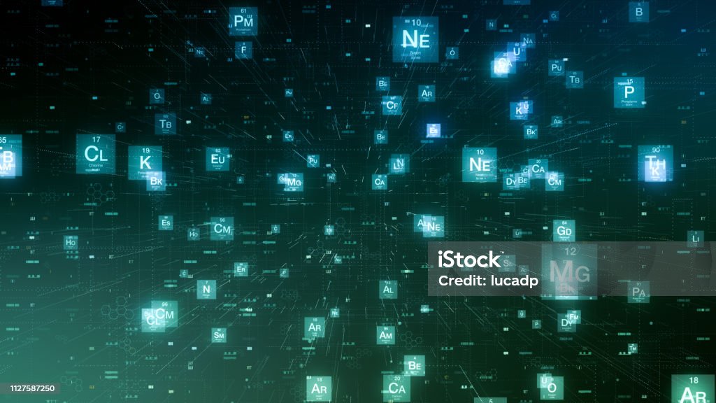 periodic table of elements grid with chemical elements symbols in random order, futuristic background (3d render) Periodic Table Stock Photo